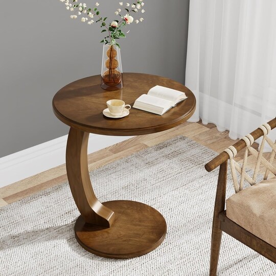 Tribesigns Round End Table C-Shaped Solid Wood Small Side Table Mid-Century